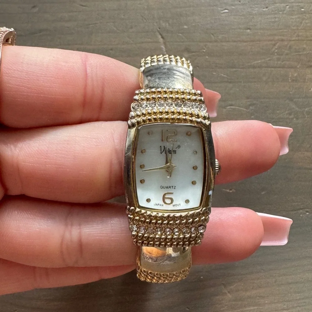Vivani Women Gold Tone Mother of Pearl Crystal Cuff Watch K2334G